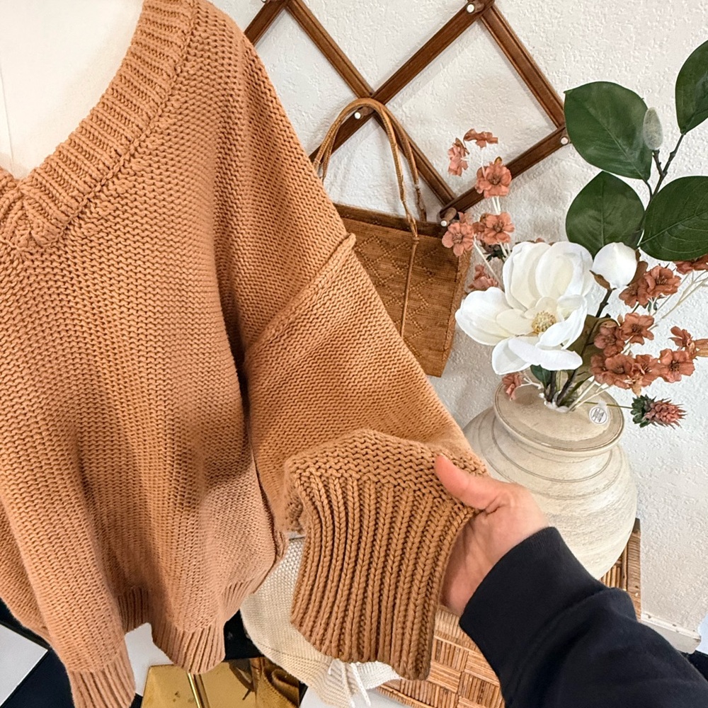 Free People Oversized V-Neck Sweater in Camel - Picture 3 of 6